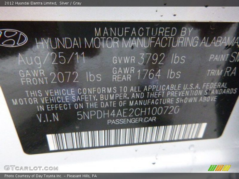 Silver / Gray 2012 Hyundai Elantra Limited