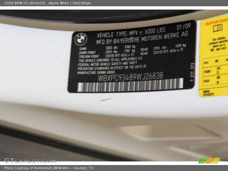 Alpine White / Sand Beige 2009 BMW X3 xDrive30i