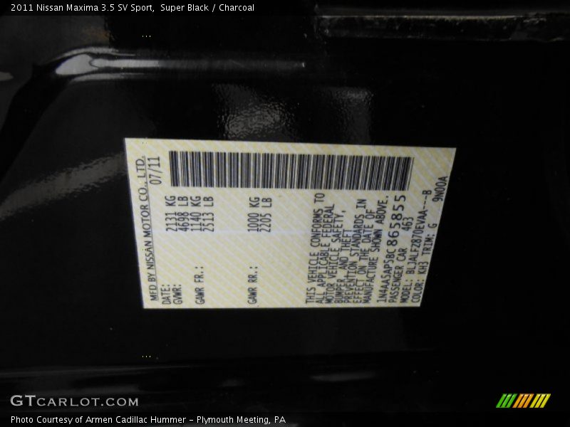 2011 Maxima 3.5 SV Sport Super Black Color Code KH3
