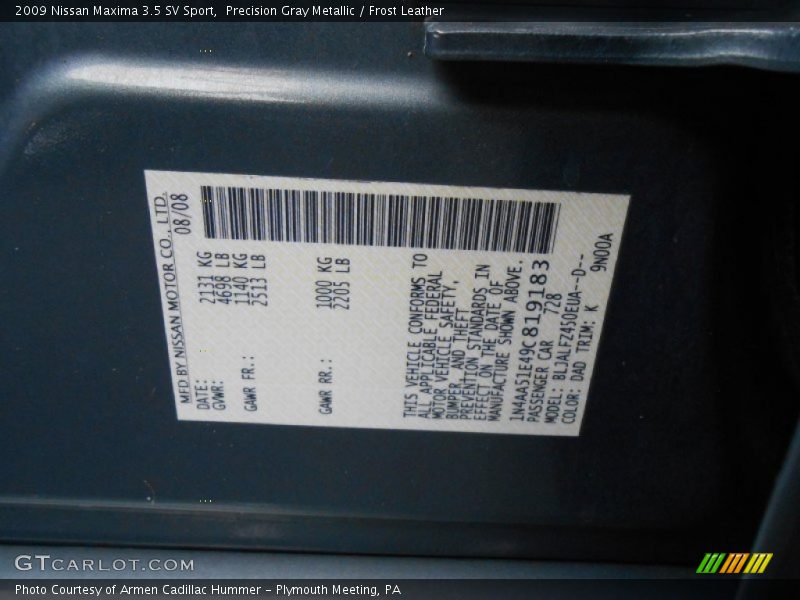 Precision Gray Metallic / Frost Leather 2009 Nissan Maxima 3.5 SV Sport