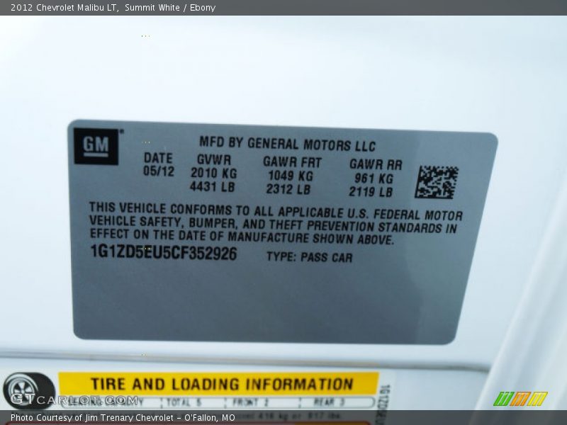 Summit White / Ebony 2012 Chevrolet Malibu LT
