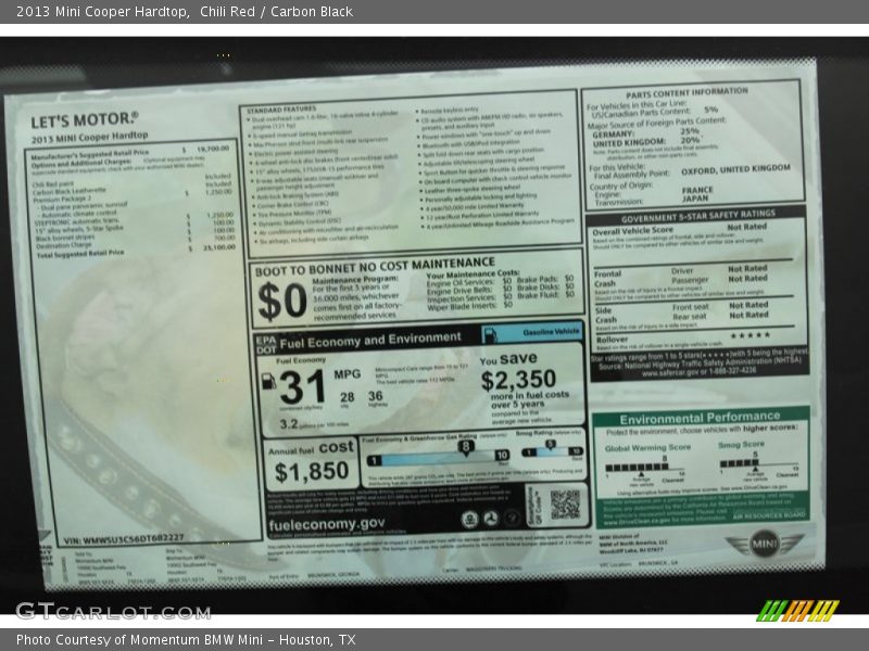 Chili Red / Carbon Black 2013 Mini Cooper Hardtop