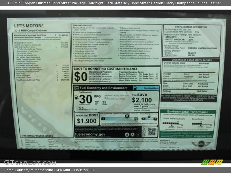  2013 Cooper Clubman Bond Street Package Window Sticker