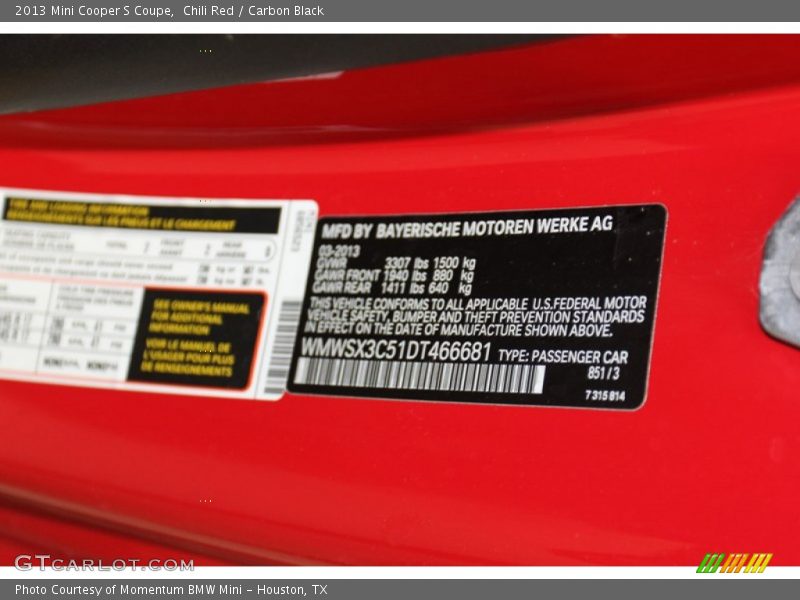 Chili Red / Carbon Black 2013 Mini Cooper S Coupe