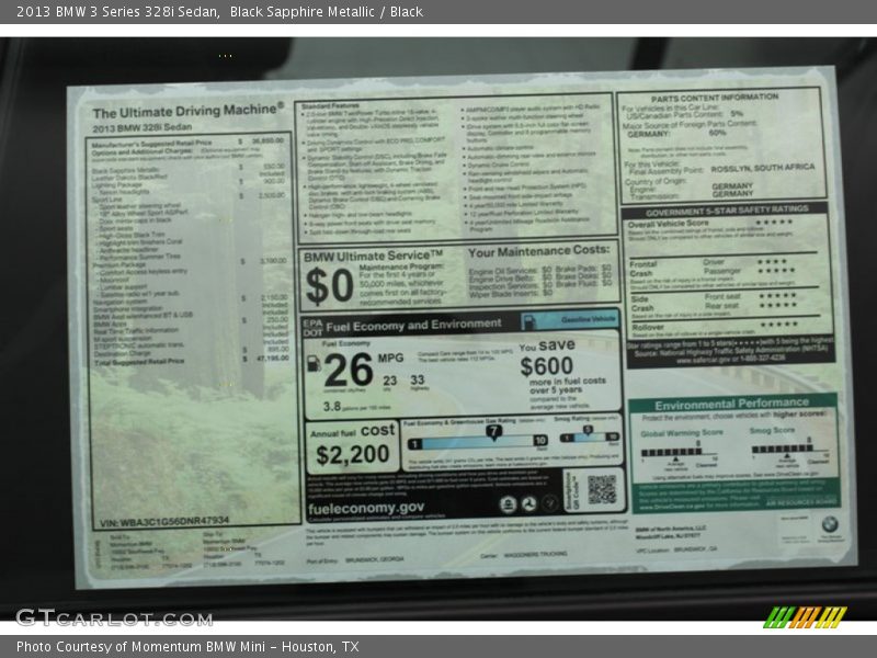  2013 3 Series 328i Sedan Window Sticker