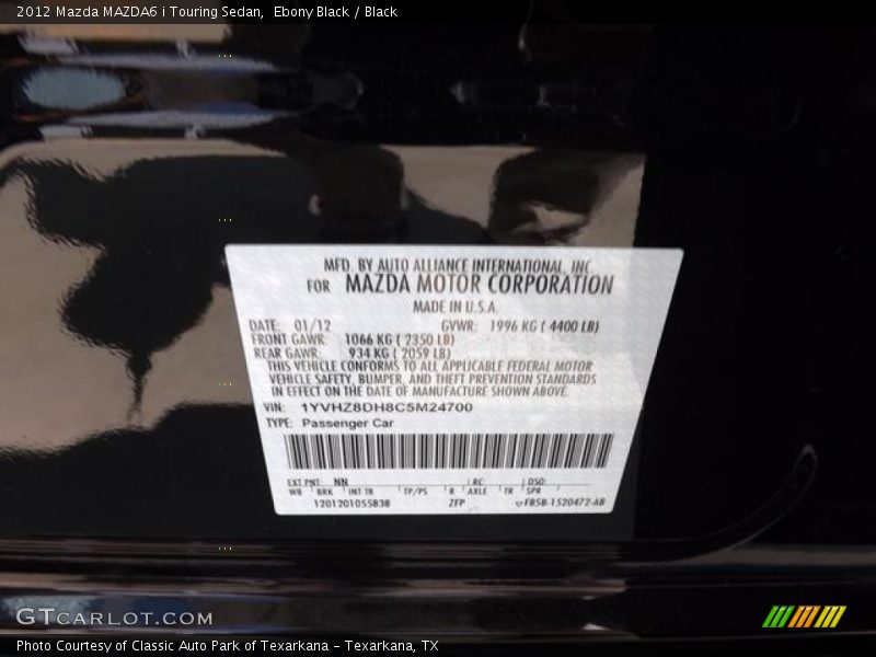 Ebony Black / Black 2012 Mazda MAZDA6 i Touring Sedan