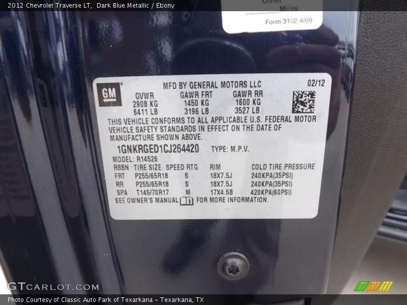 Dark Blue Metallic / Ebony 2012 Chevrolet Traverse LT