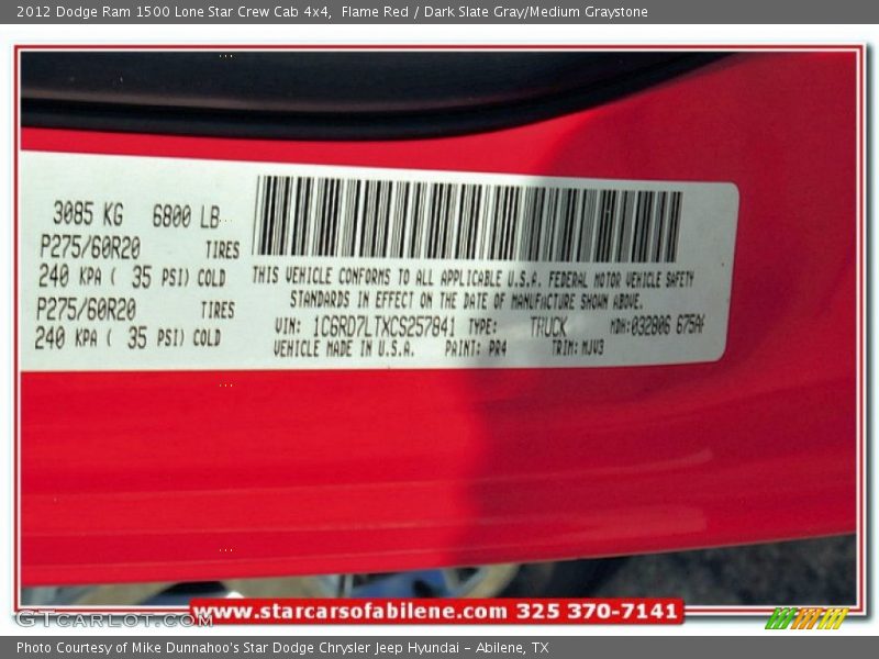 Flame Red / Dark Slate Gray/Medium Graystone 2012 Dodge Ram 1500 Lone Star Crew Cab 4x4