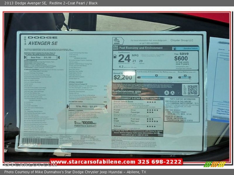 Redline 2-Coat Pearl / Black 2013 Dodge Avenger SE