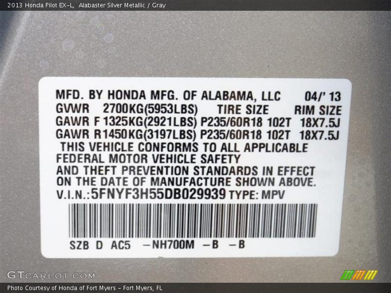 Alabaster Silver Metallic / Gray 2013 Honda Pilot EX-L