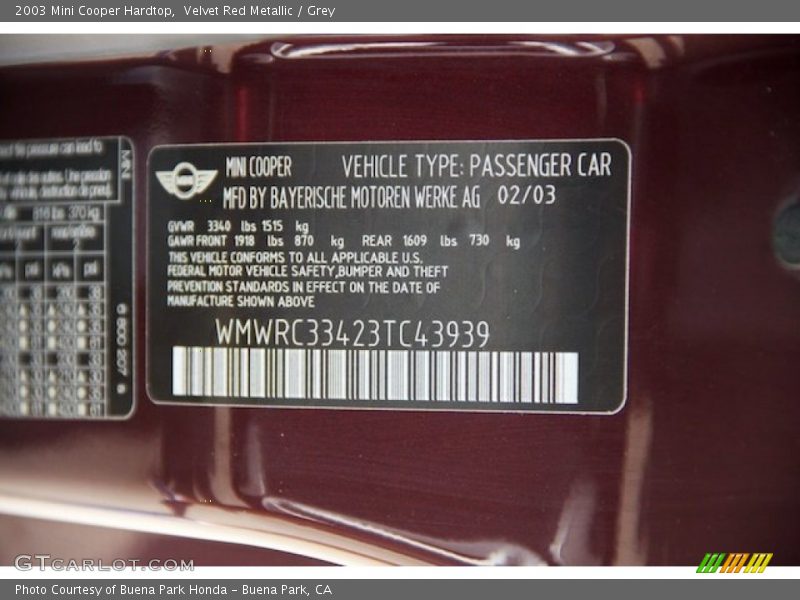Velvet Red Metallic / Grey 2003 Mini Cooper Hardtop