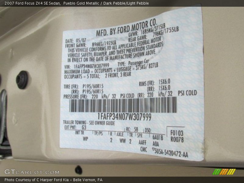 2007 Focus ZX4 SE Sedan Pueblo Gold Metallic Color Code G3