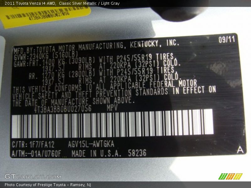 Classic Silver Metallic / Light Gray 2011 Toyota Venza I4 AWD
