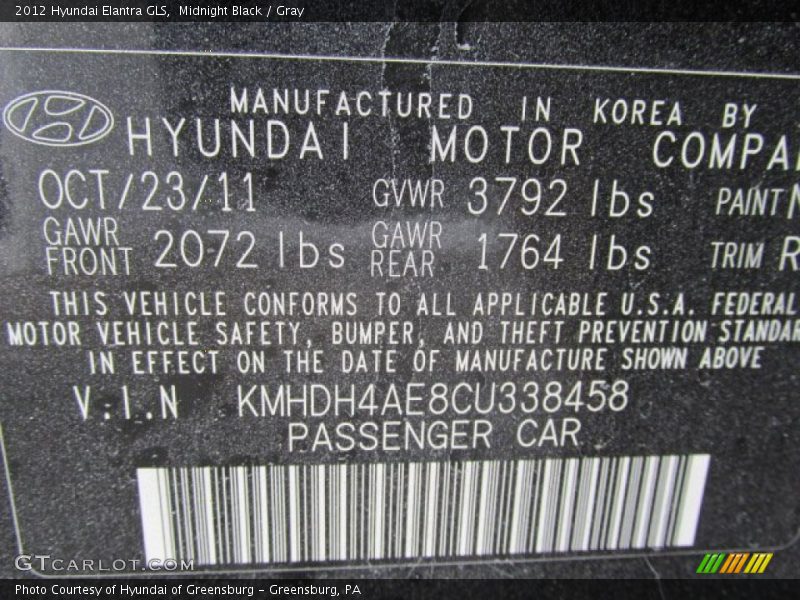 Midnight Black / Gray 2012 Hyundai Elantra GLS