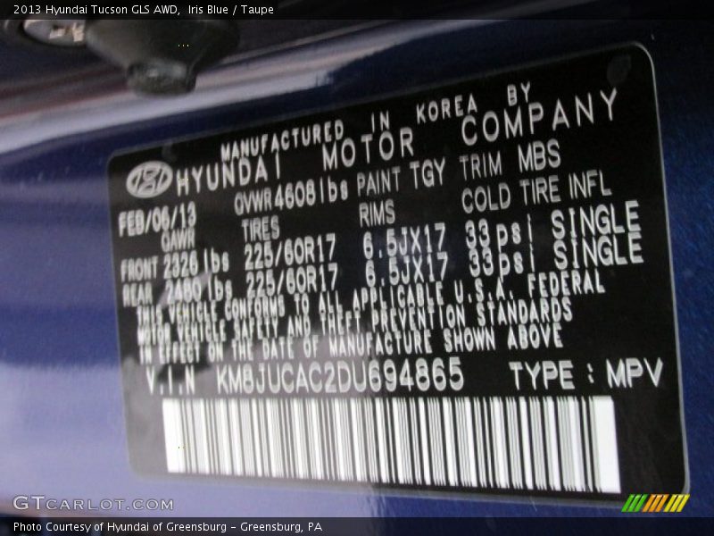Iris Blue / Taupe 2013 Hyundai Tucson GLS AWD