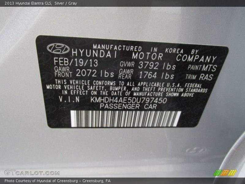 Silver / Gray 2013 Hyundai Elantra GLS