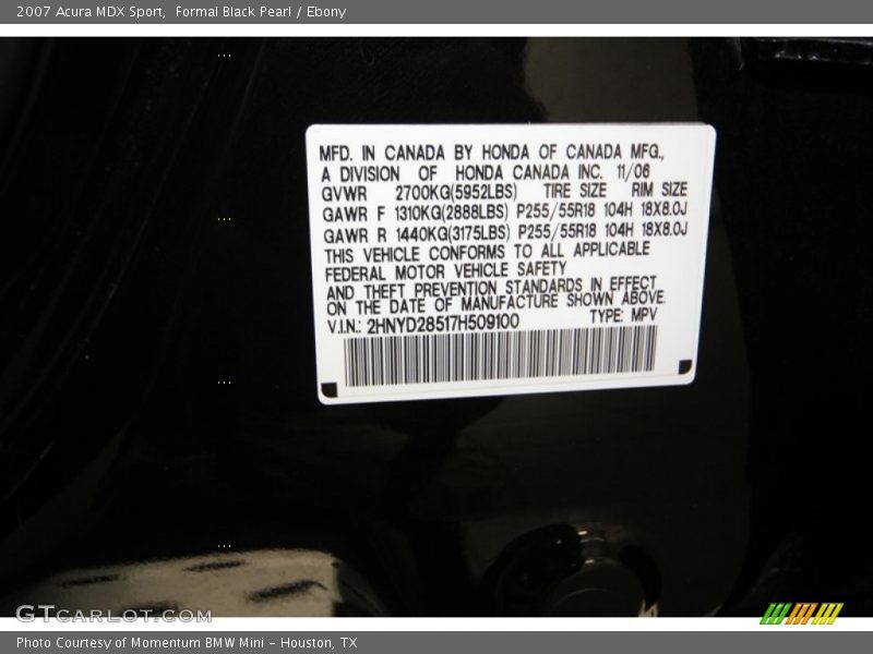 Formal Black Pearl / Ebony 2007 Acura MDX Sport