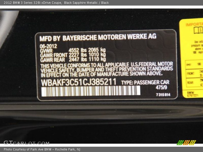 Black Sapphire Metallic / Black 2012 BMW 3 Series 328i xDrive Coupe