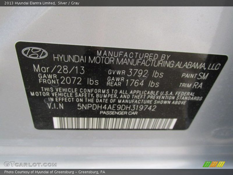 Silver / Gray 2013 Hyundai Elantra Limited