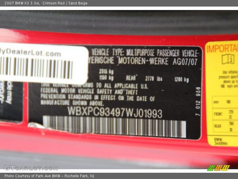 Crimson Red / Sand Beige 2007 BMW X3 3.0si