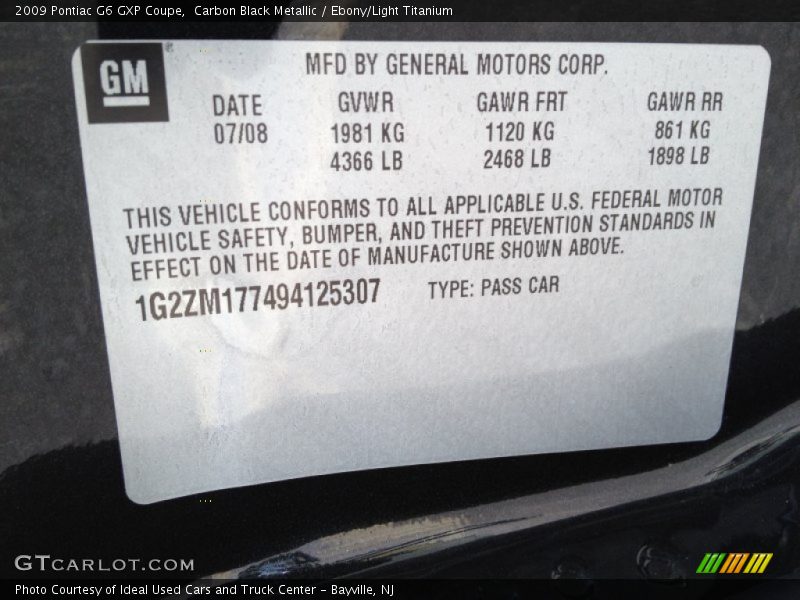 Carbon Black Metallic / Ebony/Light Titanium 2009 Pontiac G6 GXP Coupe