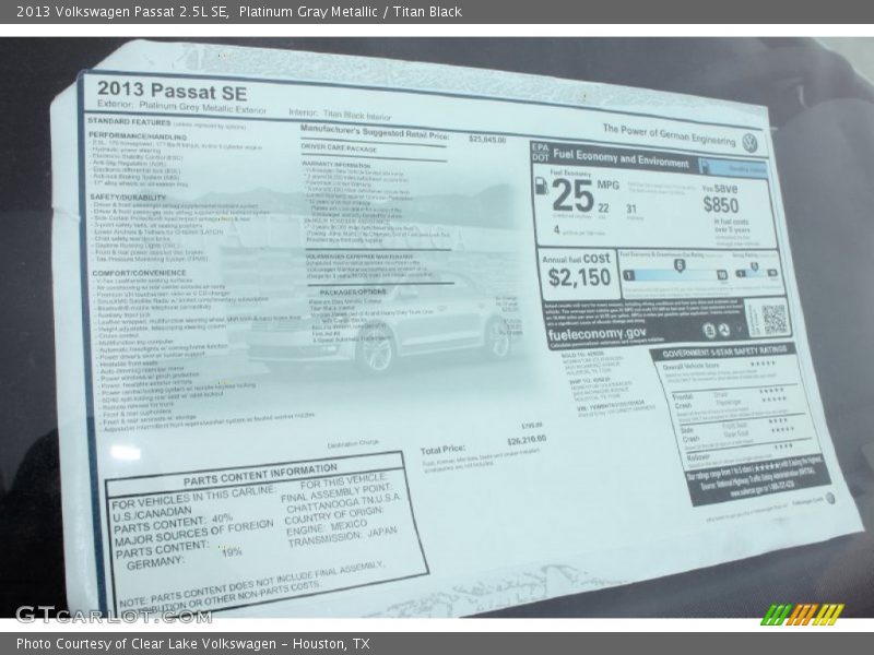 Platinum Gray Metallic / Titan Black 2013 Volkswagen Passat 2.5L SE