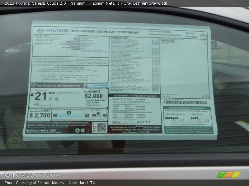 Platinum Metallic / Gray Leather/Gray Cloth 2013 Hyundai Genesis Coupe 2.0T Premium