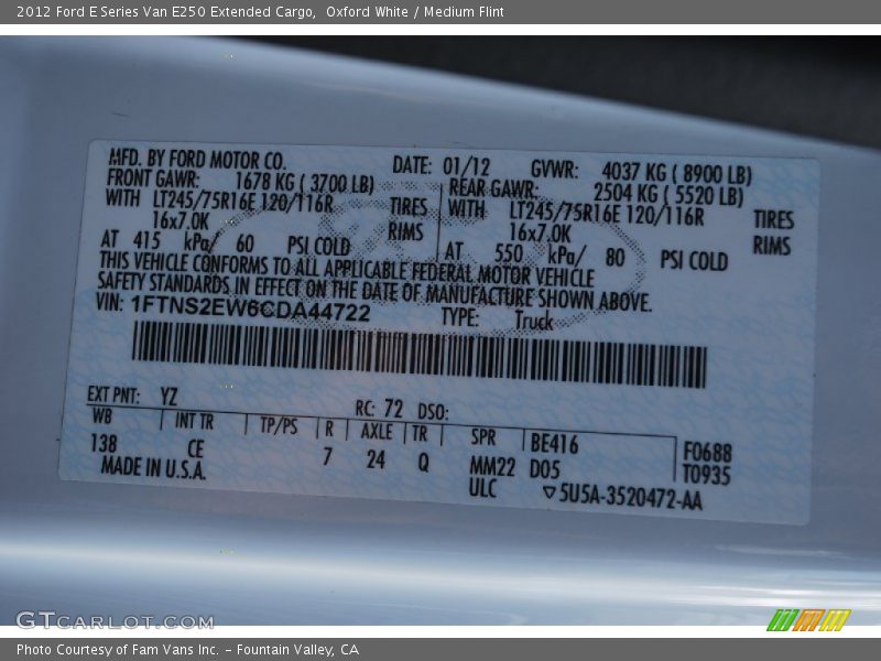 Oxford White / Medium Flint 2012 Ford E Series Van E250 Extended Cargo