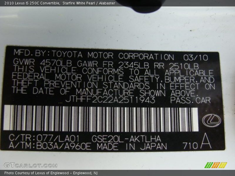 Starfire White Pearl / Alabaster 2010 Lexus IS 250C Convertible