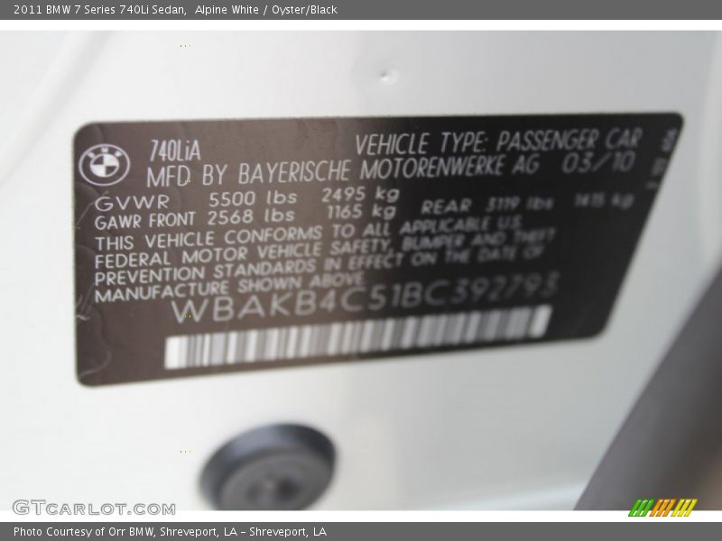 Alpine White / Oyster/Black 2011 BMW 7 Series 740Li Sedan