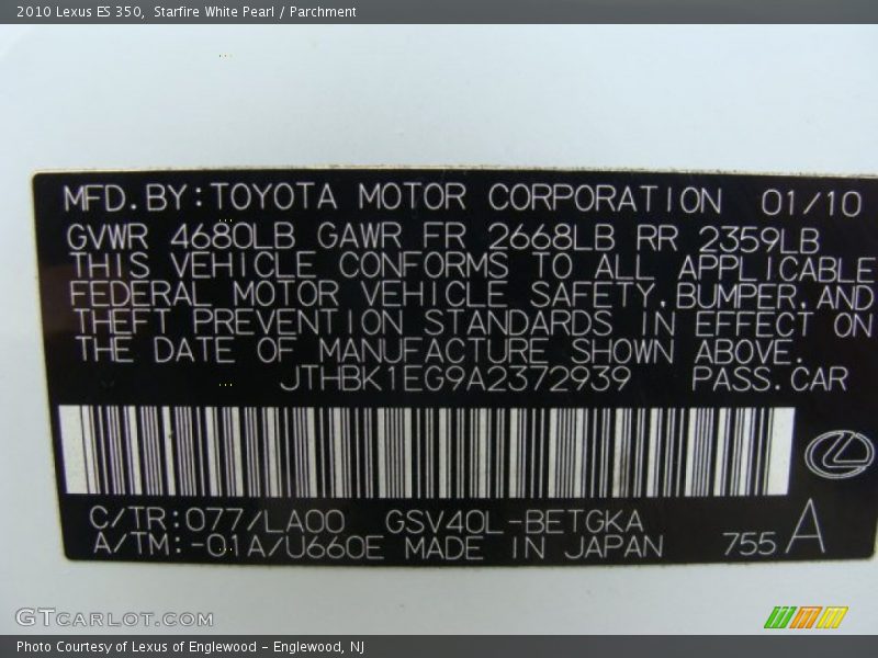 Starfire White Pearl / Parchment 2010 Lexus ES 350