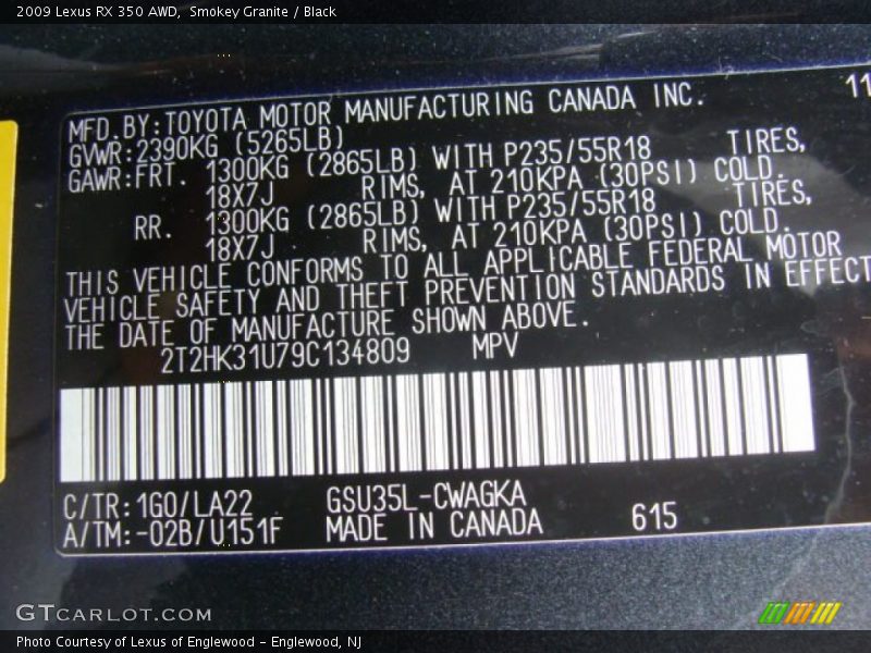 Smokey Granite / Black 2009 Lexus RX 350 AWD