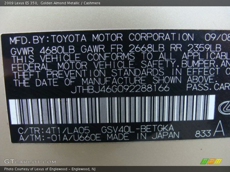 Golden Almond Metallic / Cashmere 2009 Lexus ES 350
