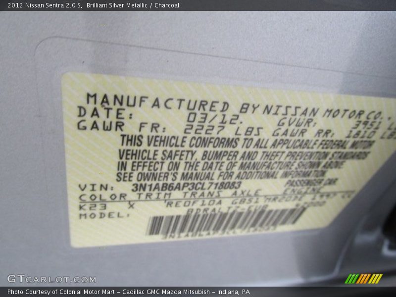 Brilliant Silver Metallic / Charcoal 2012 Nissan Sentra 2.0 S