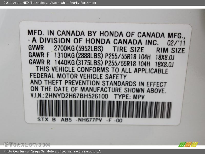 Aspen White Pearl / Parchment 2011 Acura MDX Technology