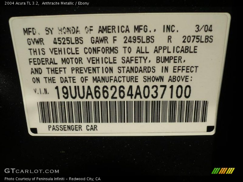 Anthracite Metallic / Ebony 2004 Acura TL 3.2