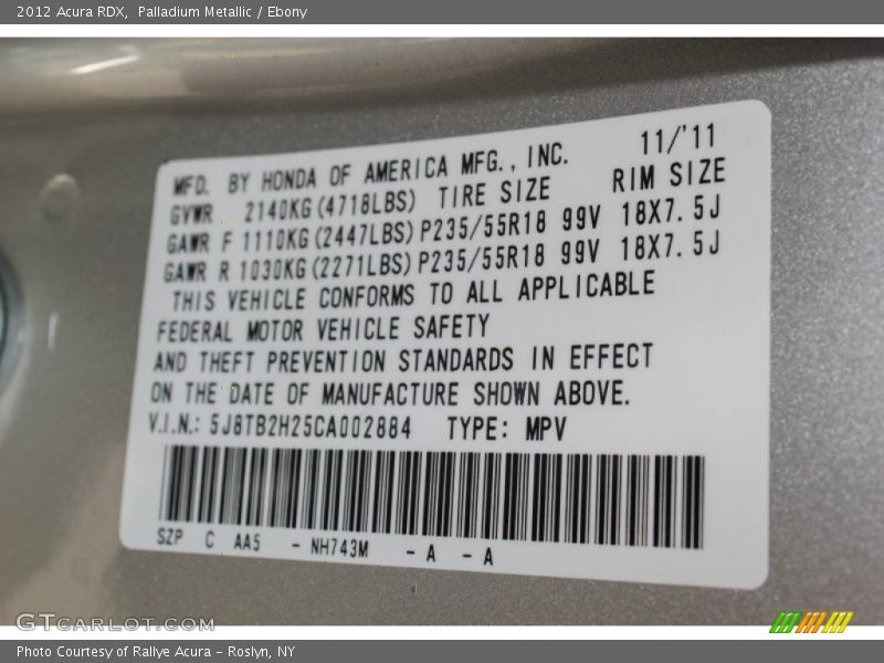 Palladium Metallic / Ebony 2012 Acura RDX
