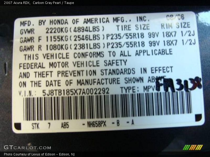 Carbon Gray Pearl / Taupe 2007 Acura RDX