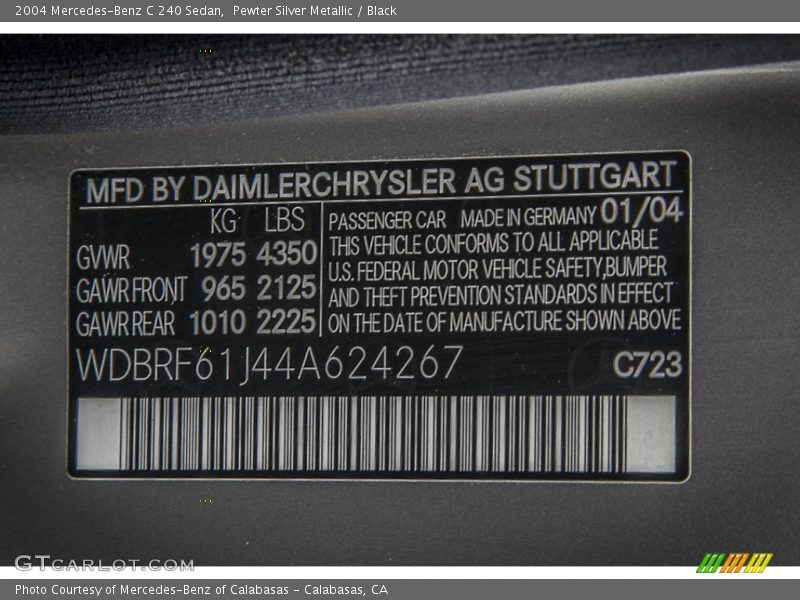 2004 C 240 Sedan Pewter Silver Metallic Color Code 723