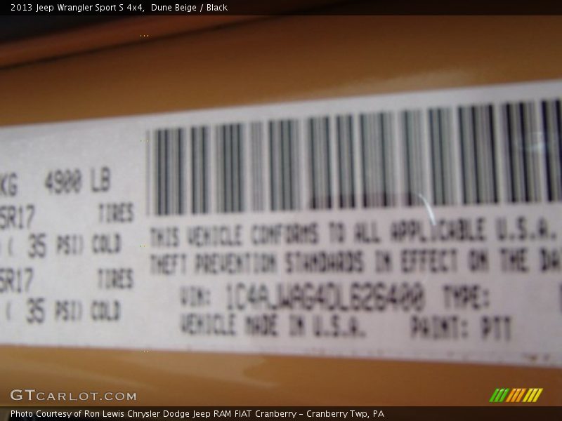 2013 Wrangler Sport S 4x4 Dune Beige Color Code PTT