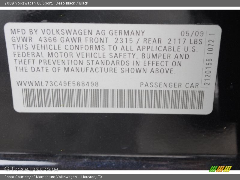 Deep Black / Black 2009 Volkswagen CC Sport