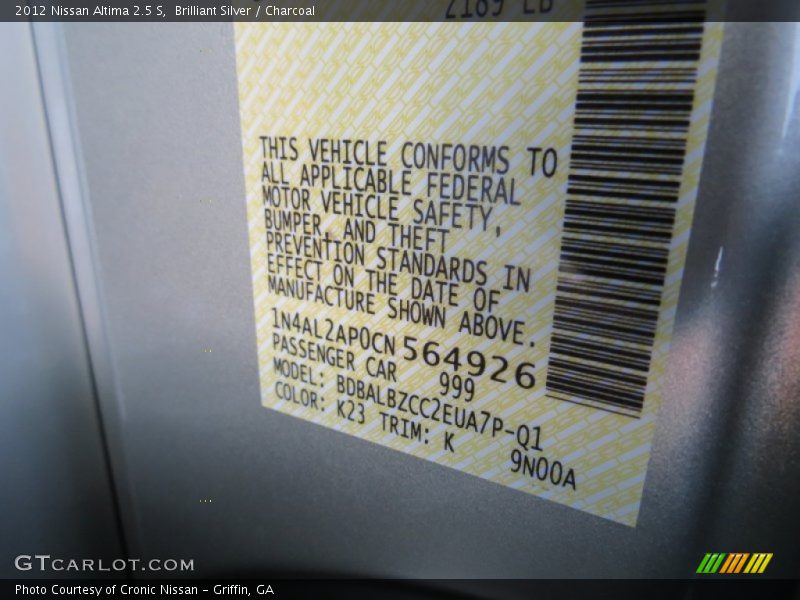 Brilliant Silver / Charcoal 2012 Nissan Altima 2.5 S