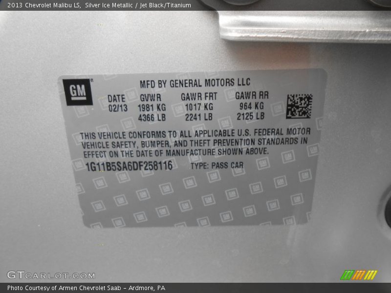 Silver Ice Metallic / Jet Black/Titanium 2013 Chevrolet Malibu LS