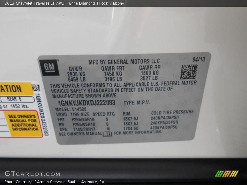 White Diamond Tricoat / Ebony 2013 Chevrolet Traverse LT AWD
