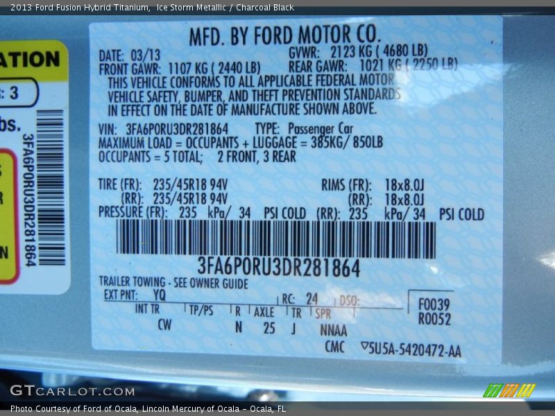 2013 Fusion Hybrid Titanium Ice Storm Metallic Color Code YQ