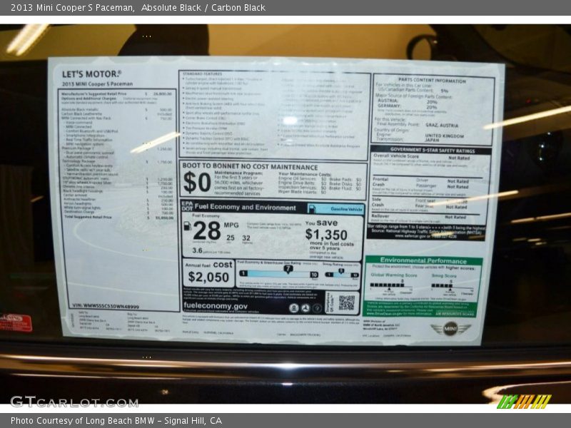  2013 Cooper S Paceman Window Sticker
