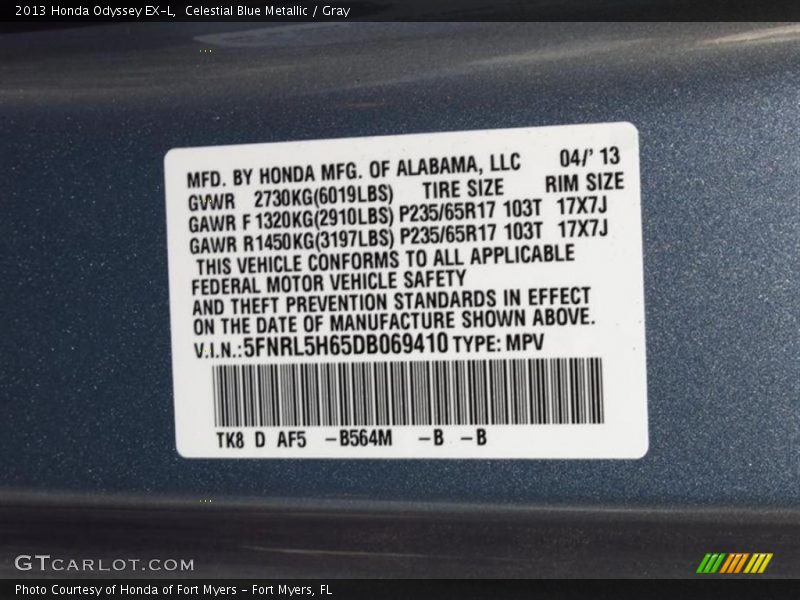 Celestial Blue Metallic / Gray 2013 Honda Odyssey EX-L