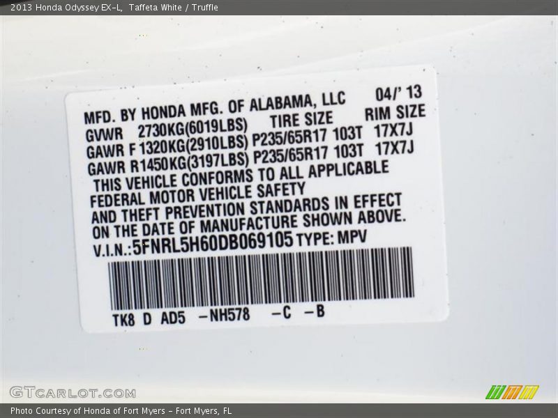 Taffeta White / Truffle 2013 Honda Odyssey EX-L