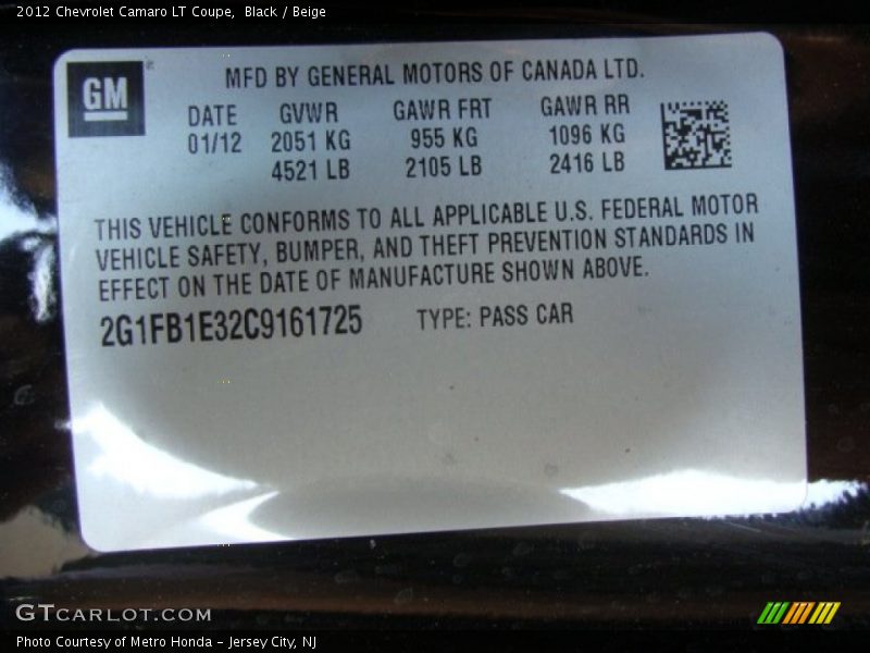 Black / Beige 2012 Chevrolet Camaro LT Coupe