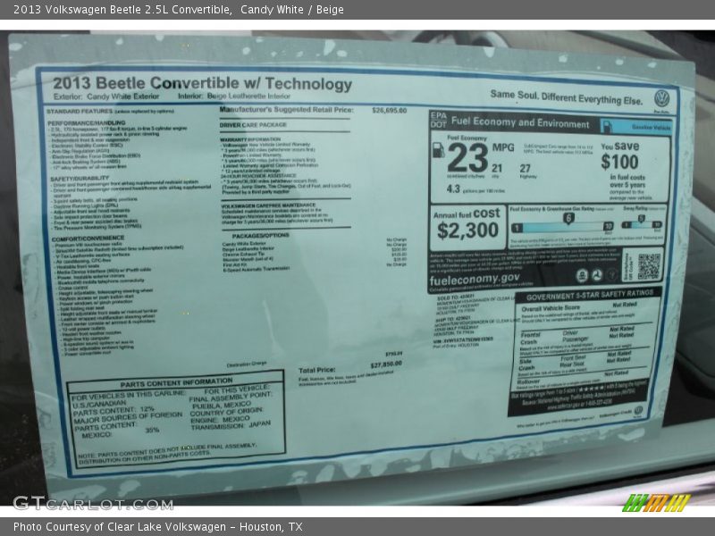 Candy White / Beige 2013 Volkswagen Beetle 2.5L Convertible